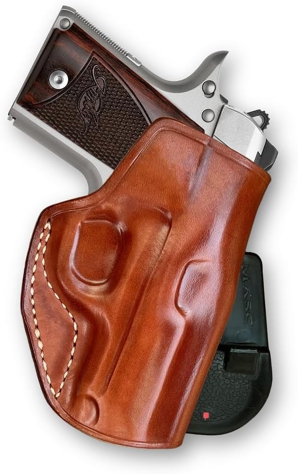 Leather Paddle Holster Open Top, Custom Fit Colt 1911 Defender Compact 9mm 3' Barrel, Right Hand Draw, Brown Color #1066#
