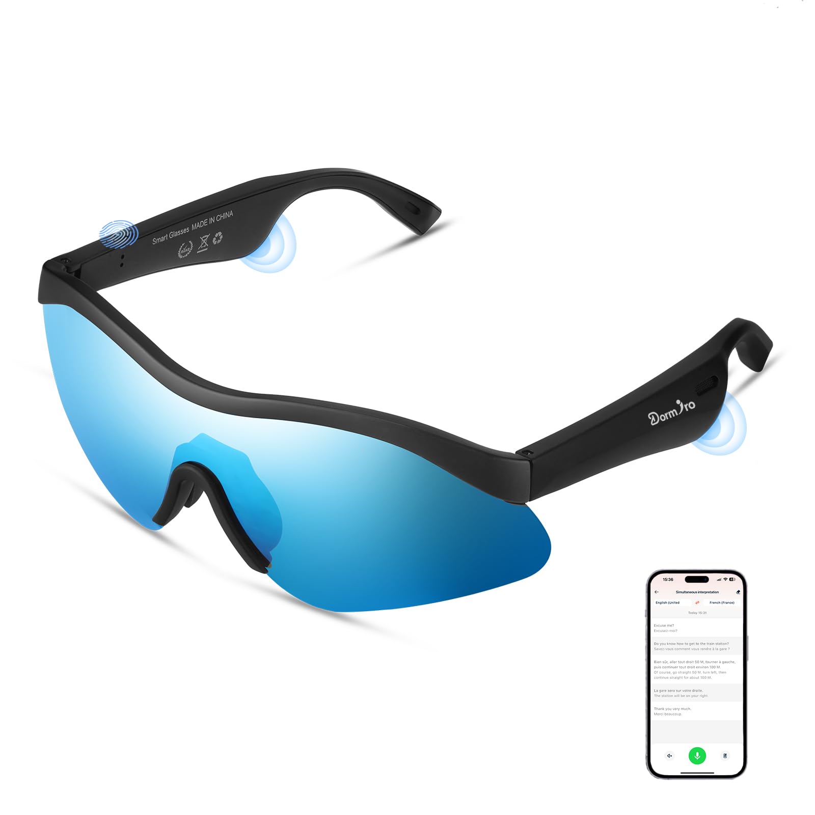 Occhiali intelligenti, occhiali da sole AI, occhiali da sole Bluetooth per uomo/donna, traduzione in tempo reale oltre 150 lingue, nano IPX7, impermeabili IPX7, cuffie con orecchio aperto