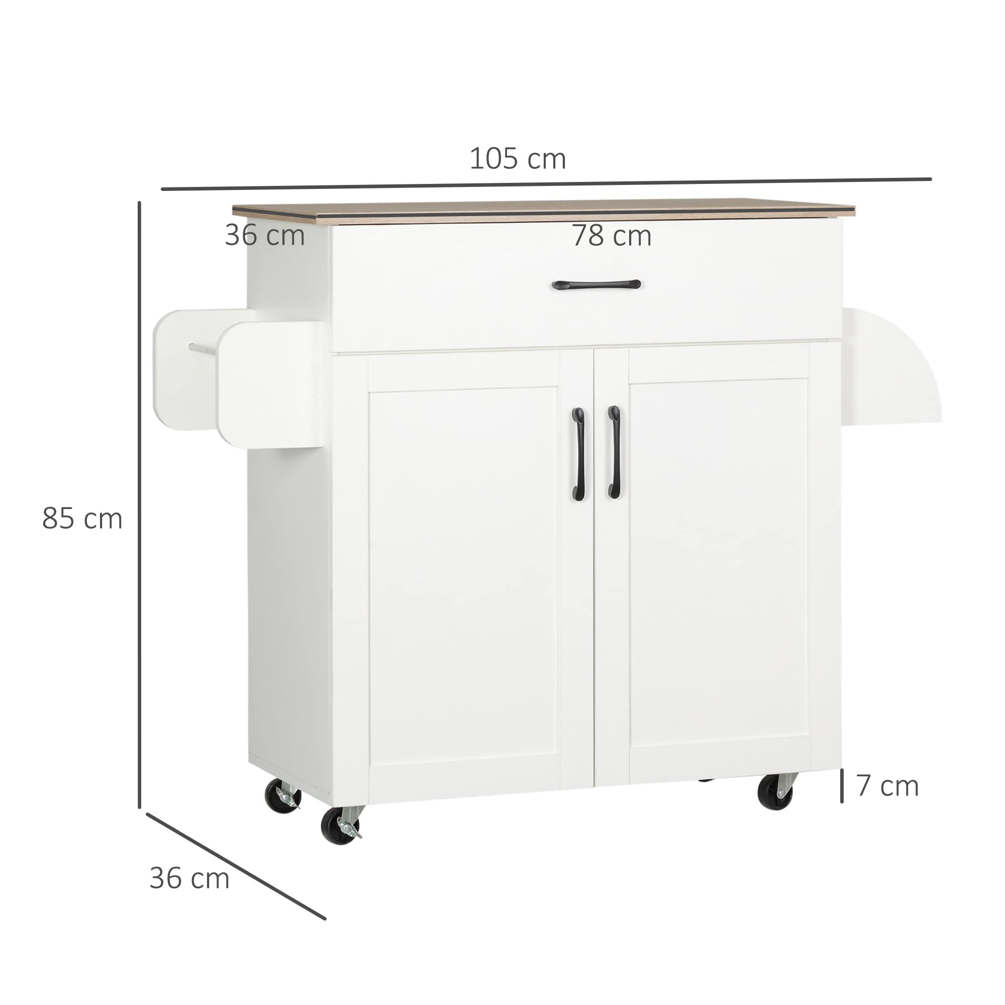 HOMCOM Isla de Cocina con Ruedas, Carrito de Cocina con Cajón, 2 Puertas, Toallero y Especiero, Estante Ajustable, para Comedor, 105x36x85 cm, Blanco