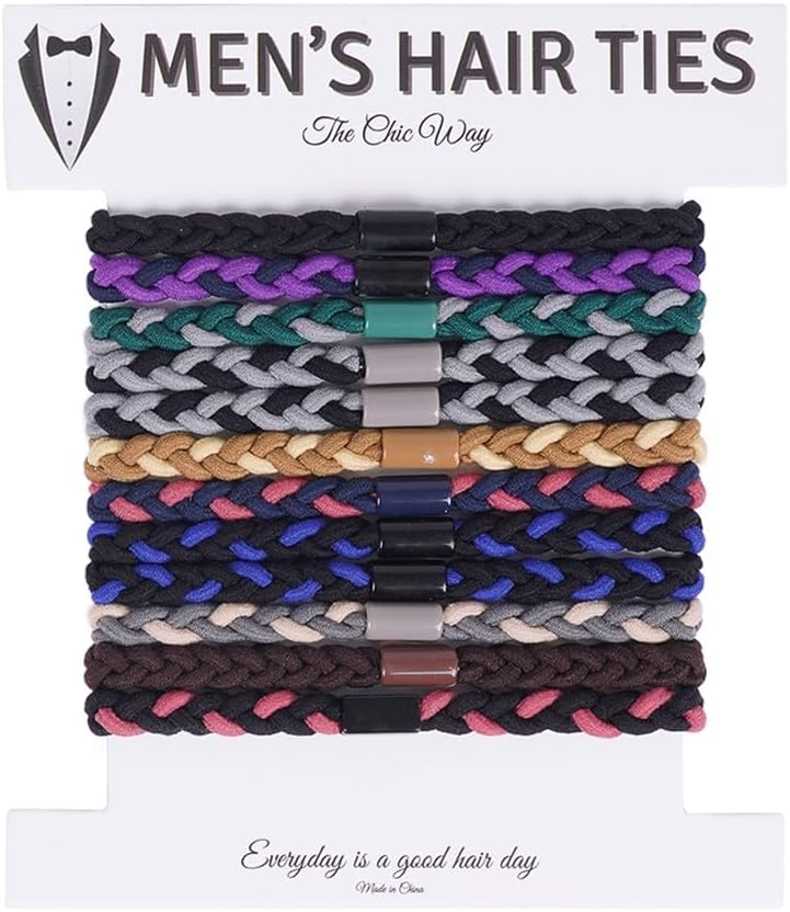 The Chic Way12pcs Men's Braided Hair Ties, Elastic Hair Ties - Perfect for Buns, Curly, Thick & Dense Hair