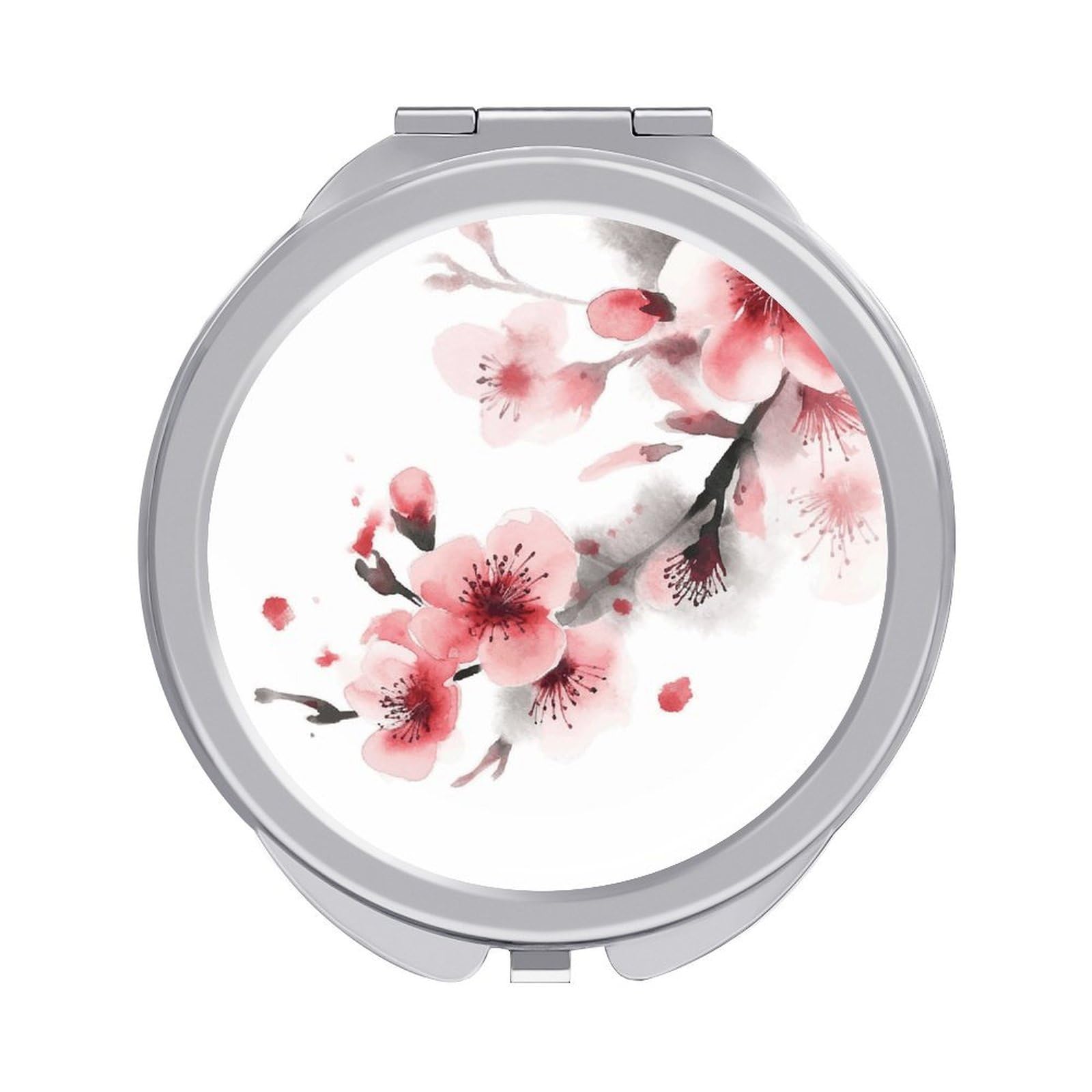 JTREHY Asian Watercolor Pink Cherry Florals Makeup Mirror Silver Mirror Surface Folding Makeups Mirrors Lightweight Durable Looking Glass for Suitable Traveling Handbag and Purses
