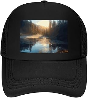 Baseball Cap Sunrise Over Mountain Forest Lake Trucker Hat with Curved Brim Adjustable Snapback Hat Black Casual Cap