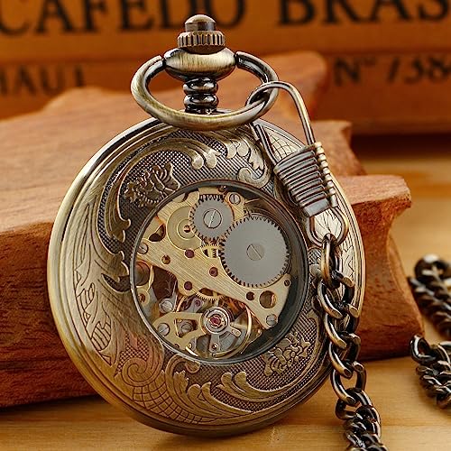Image of Fashion Skeleton Mechanical Pocket Watch, Antique Roman Numeral Dial Mechanical Pocket Watches for Men with Box