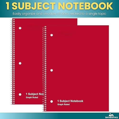 Miniatura 4 de 1InTheOffice Cuaderno de espiral de papel cuadriculado de 8.5 x 11, cuaderno a rayas gráficas de 5 cuadrados por pulgada, rojo, 70 hojas, 8 x 10.5