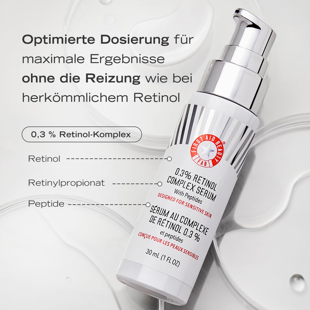 First Aid Beauty – 0,3 % Retinol-Komplex-Serum mit Peptiden, Entwickelt für empfindliche Haut, Hilft sichtbar Linien und Falten zu verbessern mit weniger Reizungen als herkömmliches Retinol, Nicht kom