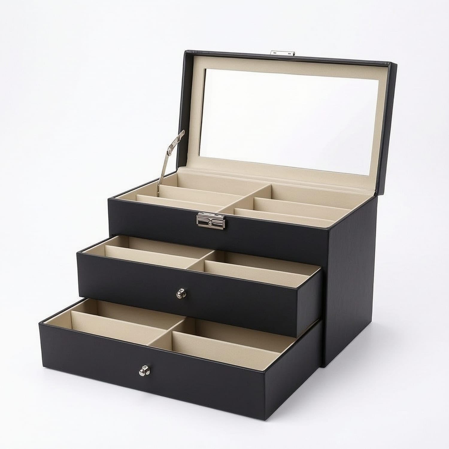18-Slot Eyeglasses Box with Mirror Leather Sunglasses Organizer Tiered Sunglass Display Case Hard-Shell for Collectors, Dresser, Retail Store, Black, 18 Slot-image-31