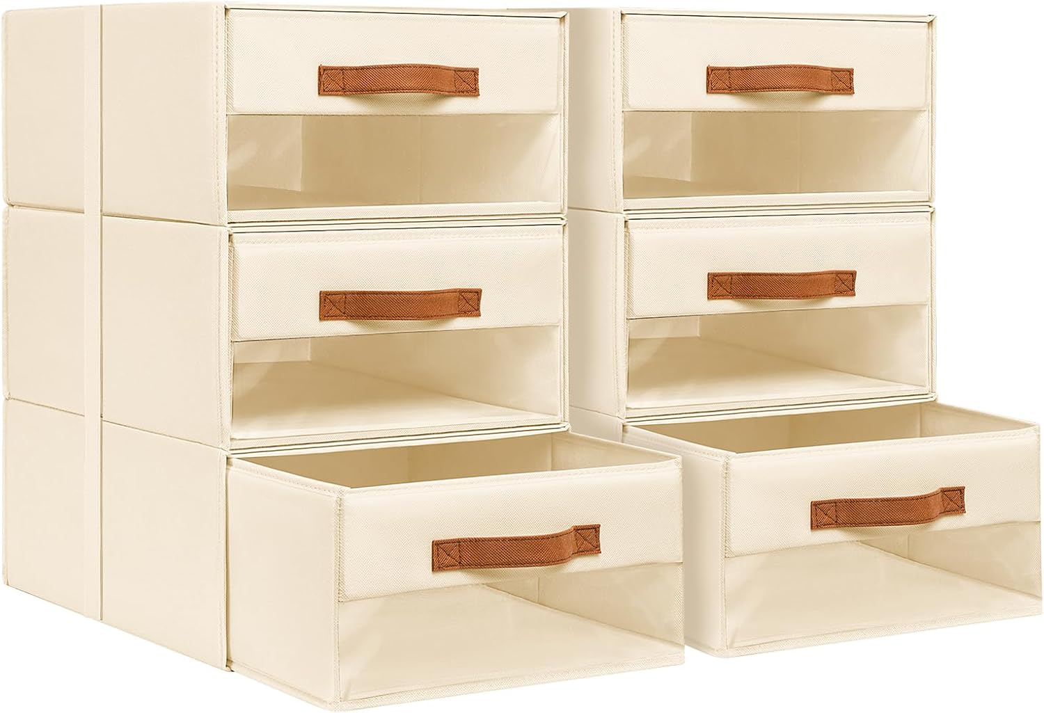 DIMJ Wardrobe Storage Drawer Organiser – 6 Pack Fabric Stackable Baskets for Clothes Organization, Foldable Closet Organisers with Clear Window for Bras, Underwear,Socks,Bedroom, Beige