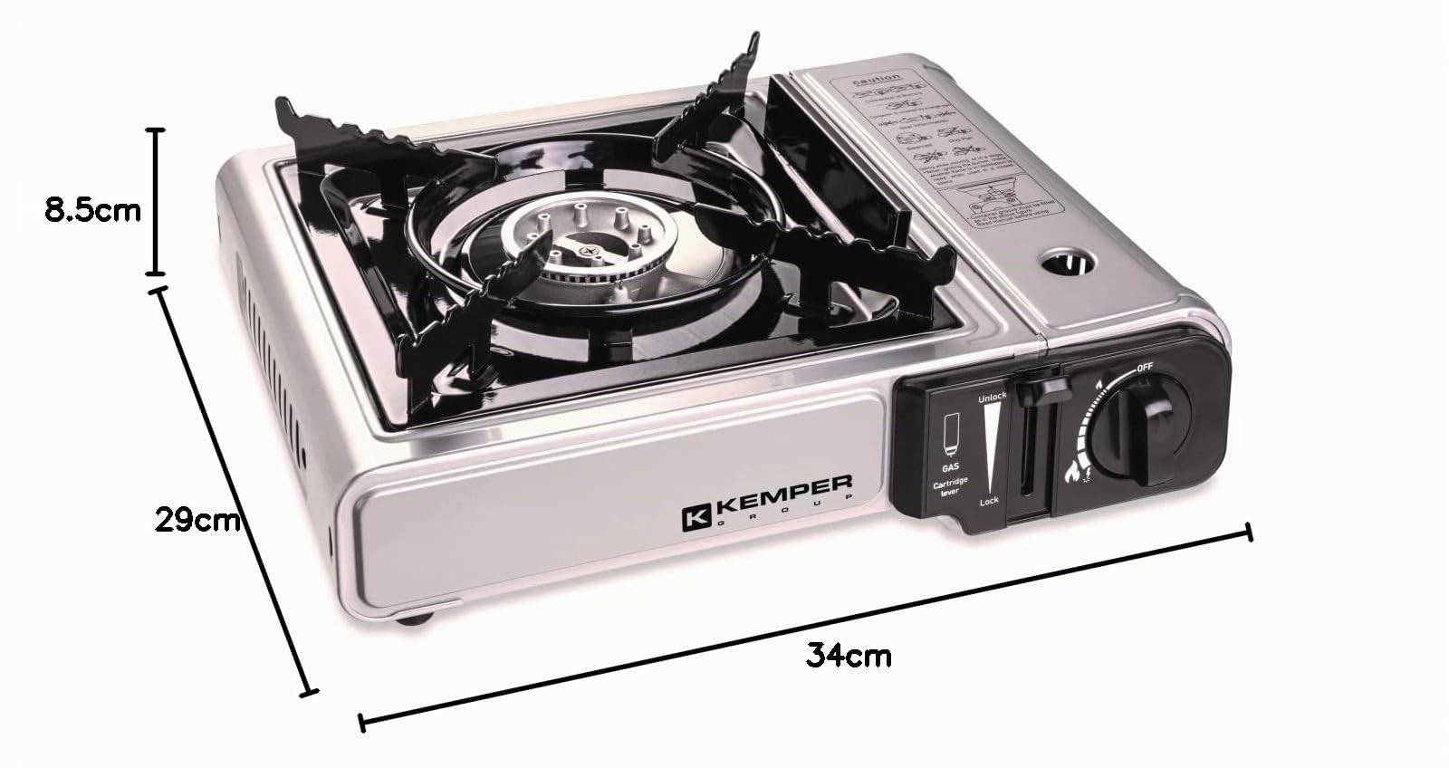 KEMPER - Barbacoa Grill 2 en 1 estufa de gas piezoeléctrico 2200 W + placa grill + 4 cartuchos de gas Butano Camping
