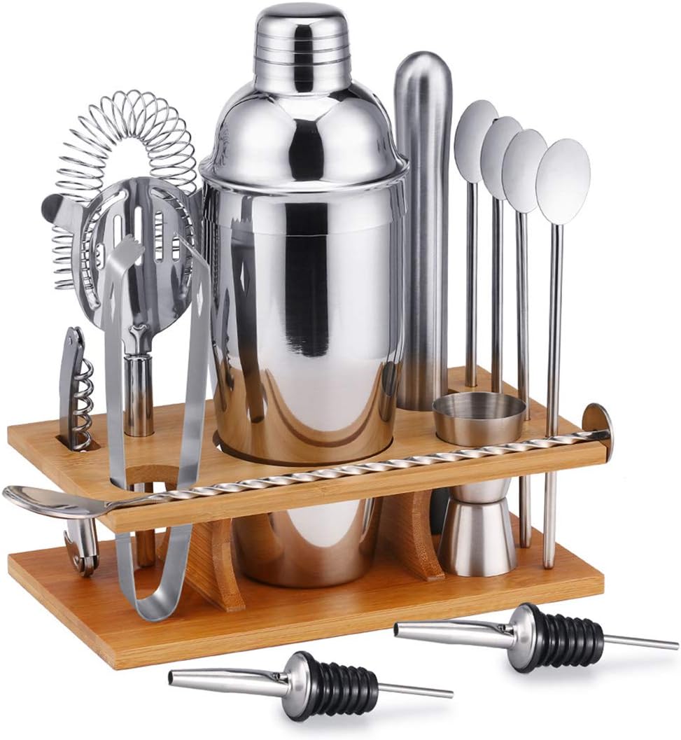 14-Pcs Professional Boston Shaker Cocktail Cocktail Making Set Party Bar Bartender Essential Accessory Stainless Steel Kit Tool with Wooden Display Stand