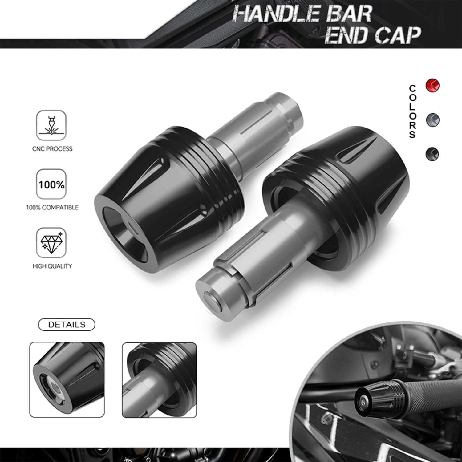 Moto Embout Guidon,Bouchon d'extrémité de guidon moto CNC en aluminium Pour Kawasaki, Yamaha, Honda, Suzuki, Aprilia, Ducati, CFMOTO et les motos avec un diamètre intérieur de 16-22 mm (noir)