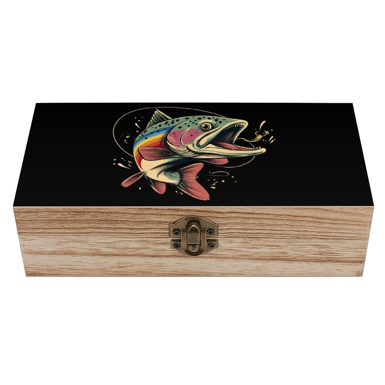 HLBSDM Largemouth Bass Rainbow Trout Wooden Box with Hinged Lid Decorative Storage Case Container