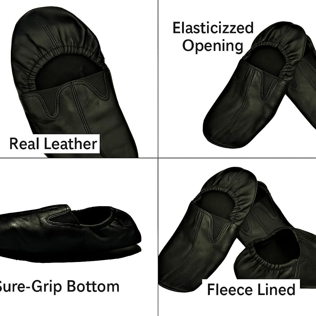 Unisex Leather Slip-On Socks, Ankle Low Cut, Bottom Fleece Lined, Black With Elastic Support - Image 3