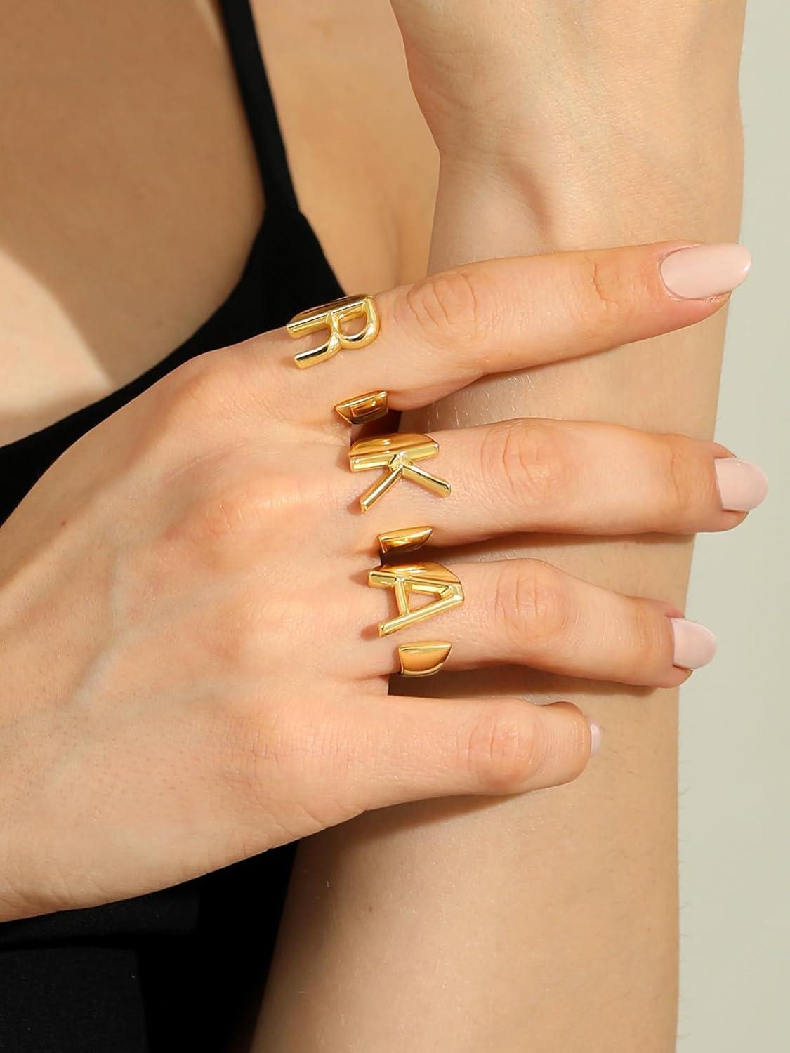 Suplight Nikel Free 18K Gold Plated Letter Rings, Fashion Monogram Jewelry Statement A-Z Wide Name Initial Alphabet Adjustable Open Ring for Women - Image 9