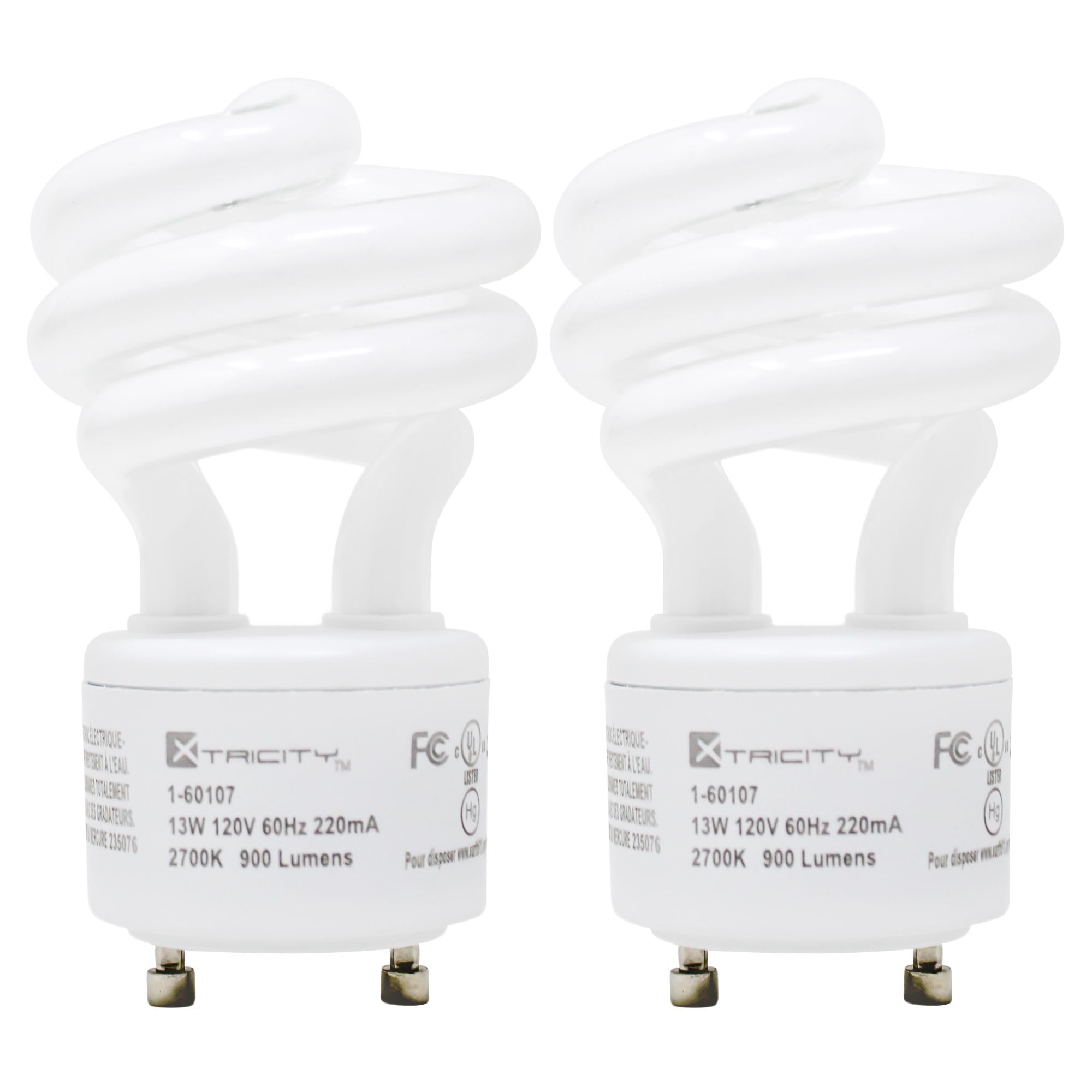 Xtricity Compact Fluorescent GU24 2 Prong Light Bulb Base, T2 Mini Spiral, 13W (60 Watt Equivalent), 2700k Soft White, 900 Lumens, CFL, 120V, UL Listed (2 Pack)