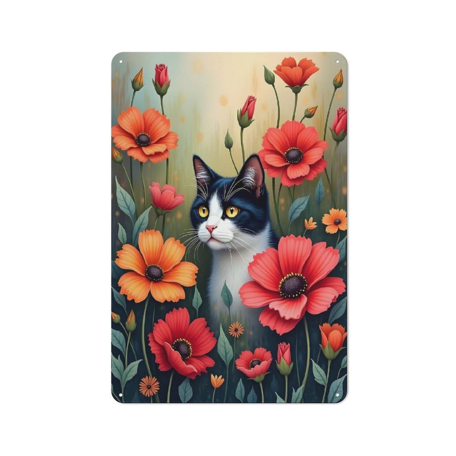 Junmoney Style-4 Metal Sign 30X20cm With Floral & Feline Harmony For Workshop Wall, Vintage Decor, For Vintage Wall Decor Fans, For Metal Sign Collectors