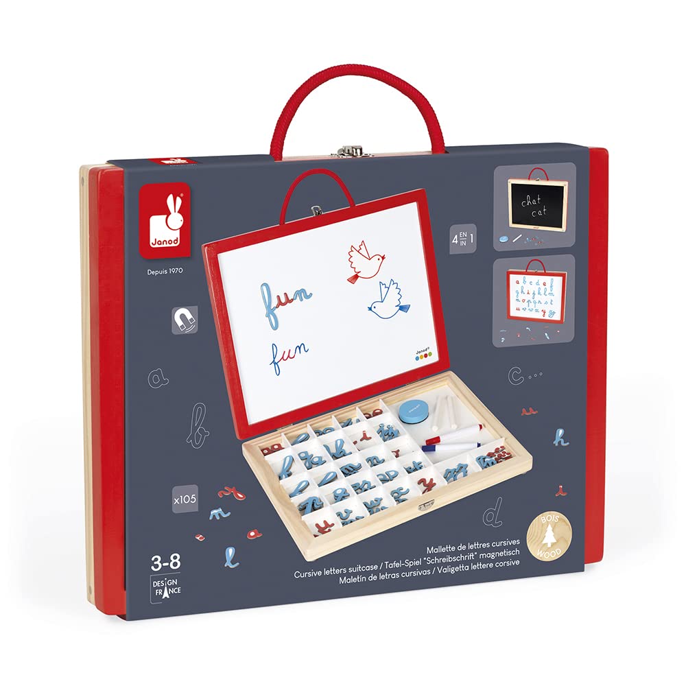 Janod, Essentiel, Mallette de Lettres Cursives 4 en 1 en Bois, Jeu Pédagogique, Apprentissage des Lettres et de la Lecture, 110 Accessoires Inclus, Peinture à l'eau, Dès 3 Ans, J05073, Multicolore