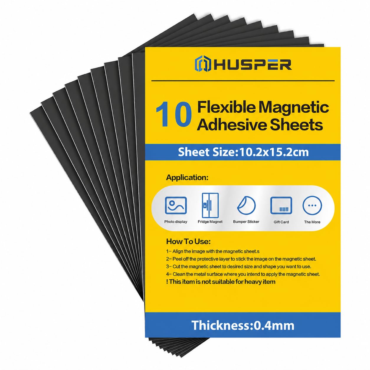 HUSPER Adhesive Magnetic Sheets, 10 Pack Flexible Magnet Sheets with Self-Adhesive Backing, 10.2 x 15.2 cm Cuttable Magnetic Sheets for Crafts, Photos, DIY Fridge Magnets, Labels, 0.4 mm Thick