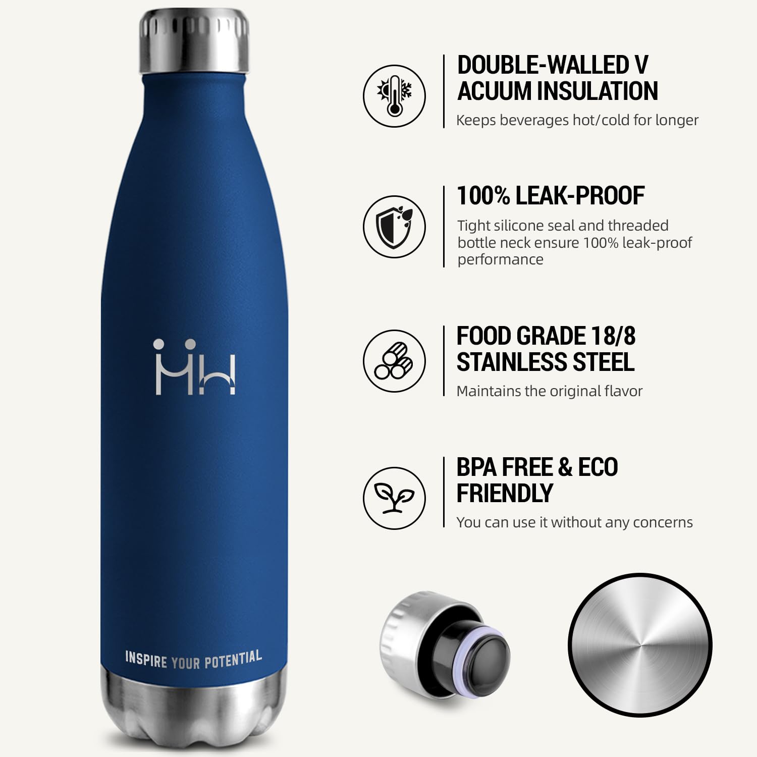 HoneyHolly Gourde Inox 500/750/1000ml – étanche, Sans BPA, Deux Couvercles Interchangeables, Pour Sport Et Randonnée