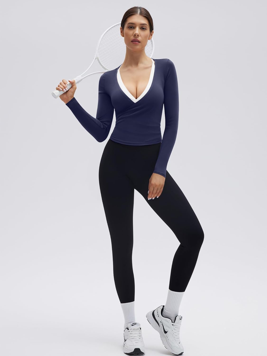 SUUKSESS Women Pilates Wrap Workout Cropped Top Ribbed Long Sleeve V Neck Tie Front Ballet Yoga Shrug Blouse - Image 3