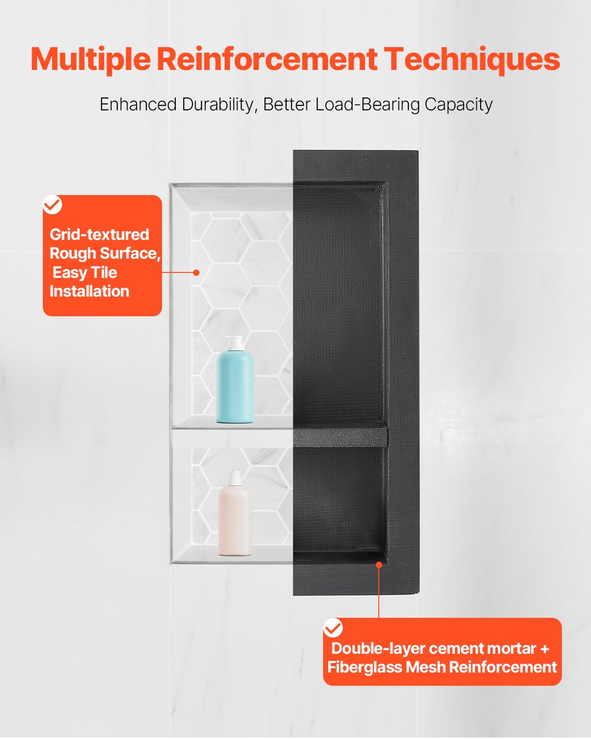 VEVOR Shower Niche 16 x 28 x 4 inch Recessed Wall Niche with Movable Divider Shelf Modern Soap — view 6