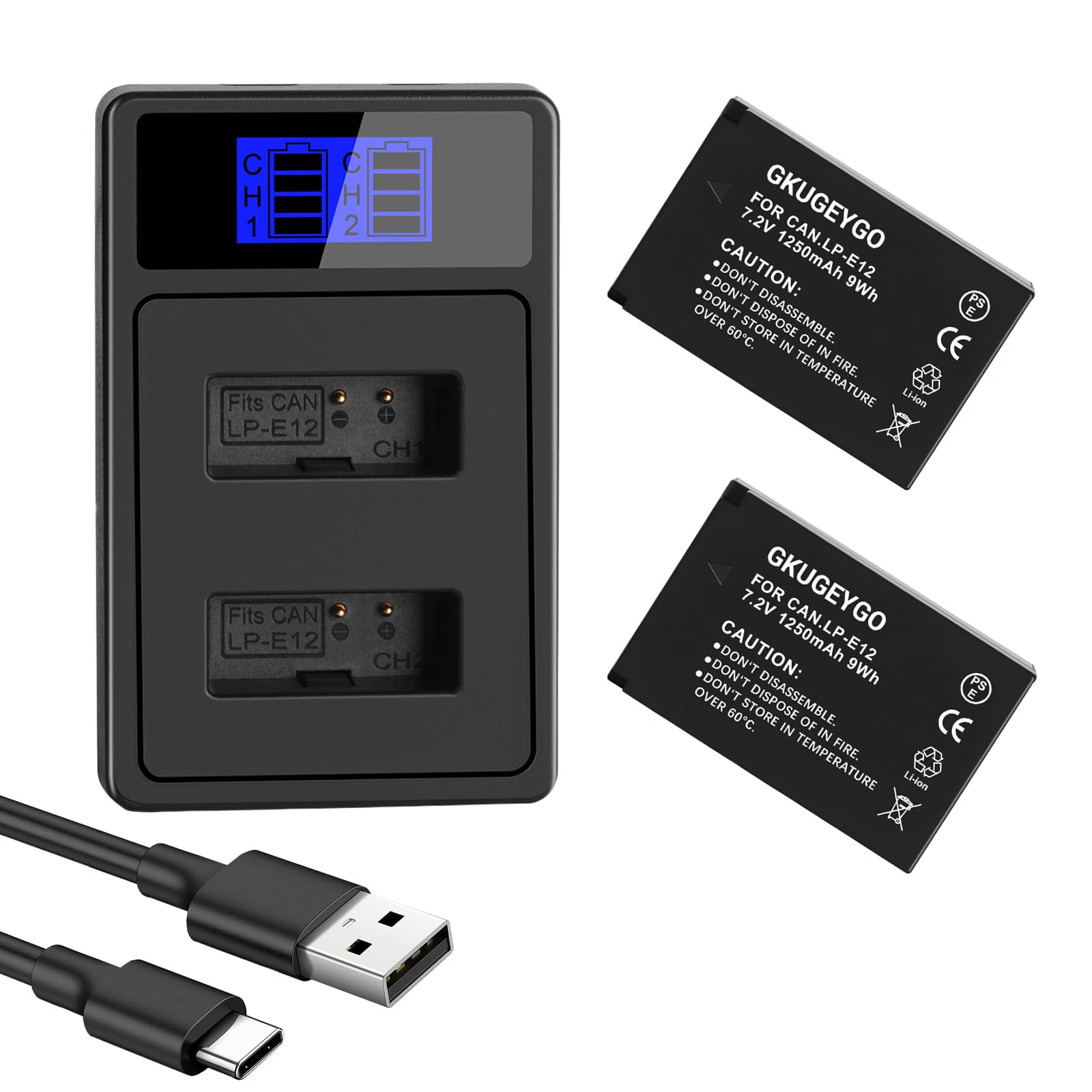GKUGEYGO LP-E12 Battery and Dual USB Charger for Canon EOS M50, M50 Mark II, M, M2, M10, M100, M200, Rebel SL1, PowerShot SX70 HS Digital Cameras