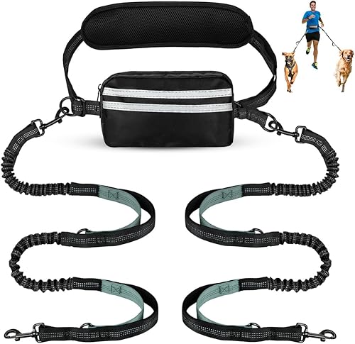 Miniatura 18 de Correa de perro manos libres con bolsa, cinturón ajustable con asas dobles acolchadas, correa de cintura para accesorios de paseo de perros, verde