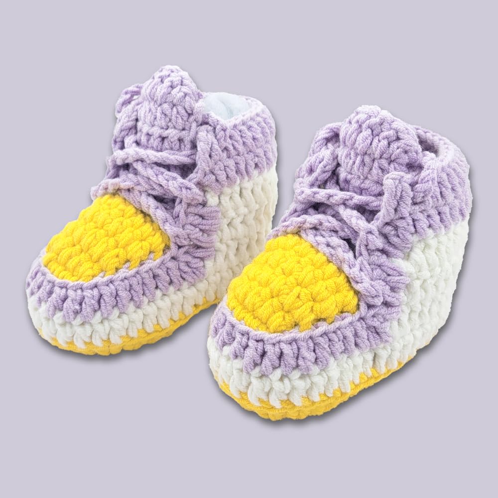 THEFAMIE Crochet Baby Shoes for Boys & Girls, Soft, Warm, Comfortable Sneakers for Infants & Toddlers (3-6 Months, Lavender and Yellow, US Size System, Medium) Stylish Lightweight Booties
