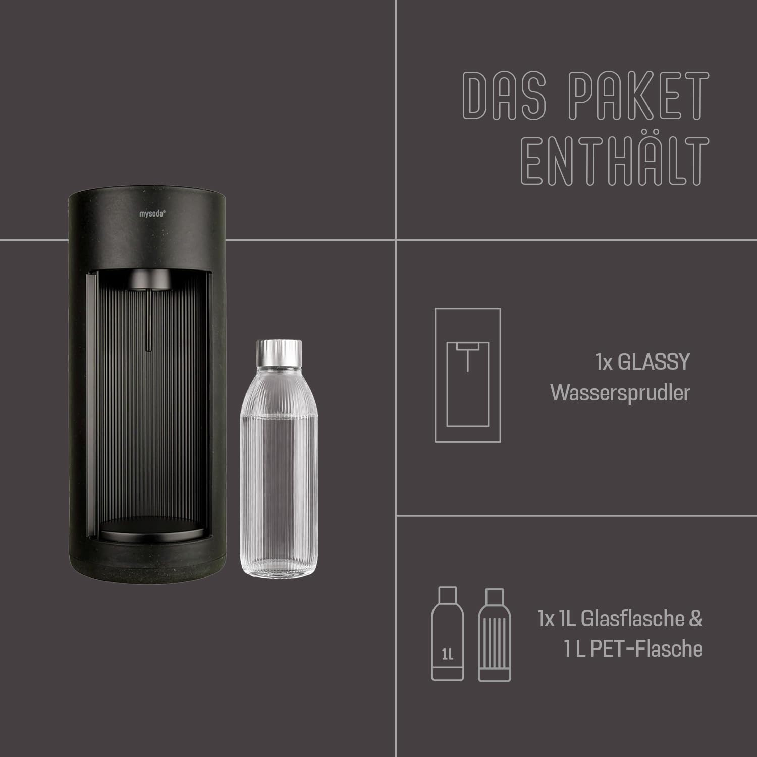 Mysoda: Glassy Wassersprudler aus Holzkomposit und Aluminium mit 1L Glasflasche (ohne C02-Zylinder) - Schwarz