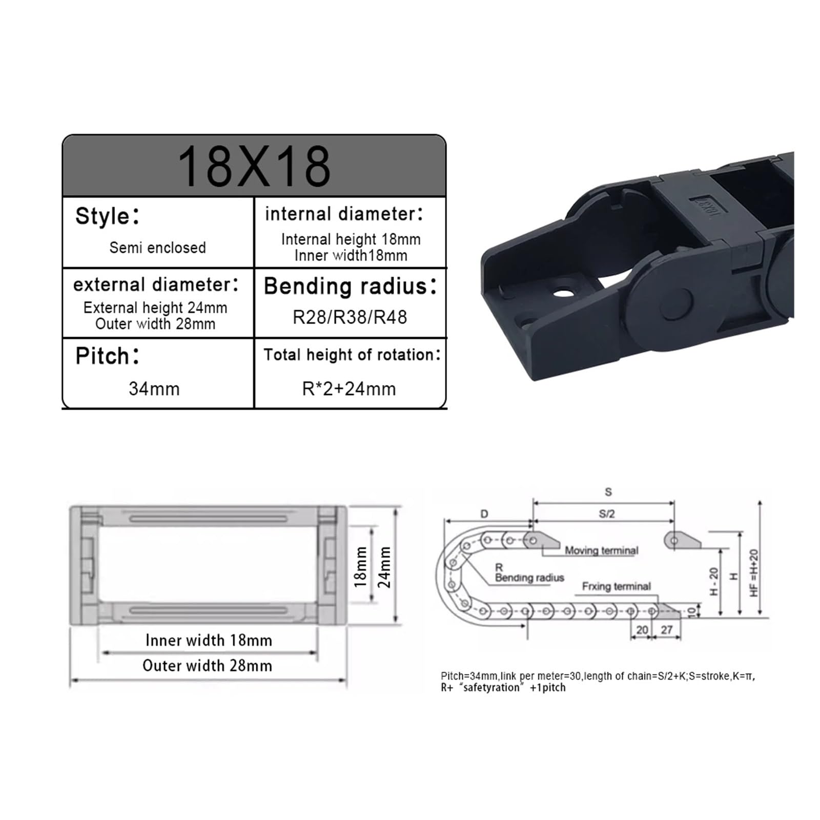 Cable de cadena de arrastre Cadenas portacables R38 18x18 18x25 18x37 18x50 Cable de remolque de plástico semicerrado de 1 metro de longitud for maquina enrutadora CNC(18X18 MM_SEMI-ENCLOSED)