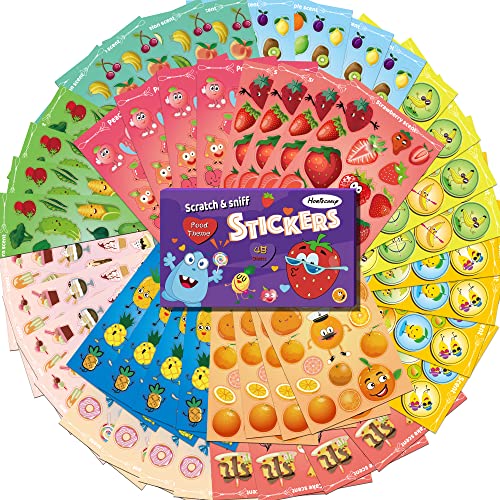 HORIECHALY Stickers for Kids, Smelly Stickers Scratch and Sniff 48 Sheets 12 Scents, Funny Scented Fruit and Food Sticker for Teachers, Classroom Reward, Craft Gift for Boys and Girls