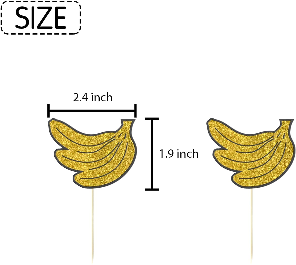 Set of 24 Glitter Banana Cupcake Toppers, Fruit Themed Baby Shower Dessert Decor, Baby Birthday Party Decorations Supplies - Gold & Black