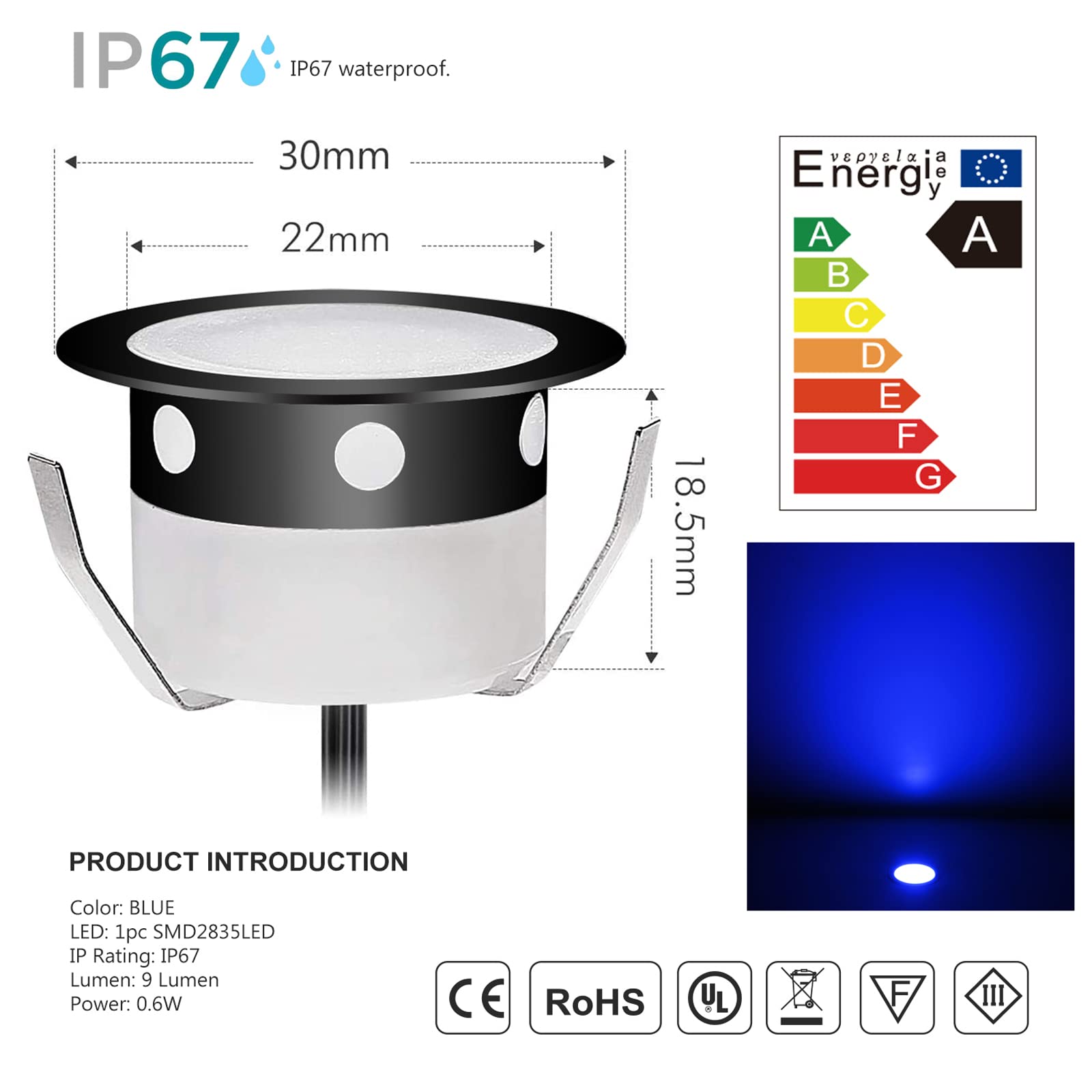 Faretti LED illuminanti, da incasso per esterni IP67, in acciaio inox, colore: nero, per terrazzo, legno, soffitto 0,6 W, DC12 V, luce spot LED lampada esterna [ (blu, 10 kit)
