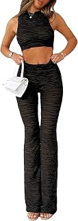 Qusuny Two Piece Outfits for Women Summer Sexy Sheer Mesh See Through Sleeveless Bodycon Crop Top 2 Piece Pants Set Jumpsuit