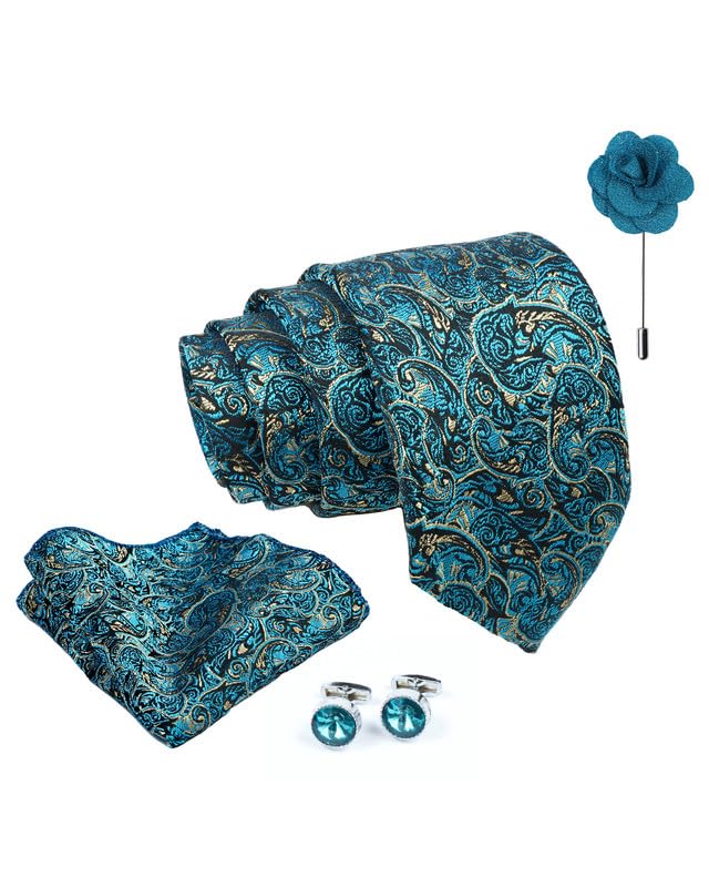 Paisley Tie For Men – Formal Ties Set With Pocket Square, Cufflink & Flower Pin With Gift Box For Mens, Silk Fabric Neckties Gift Sets For Men’s (P1)