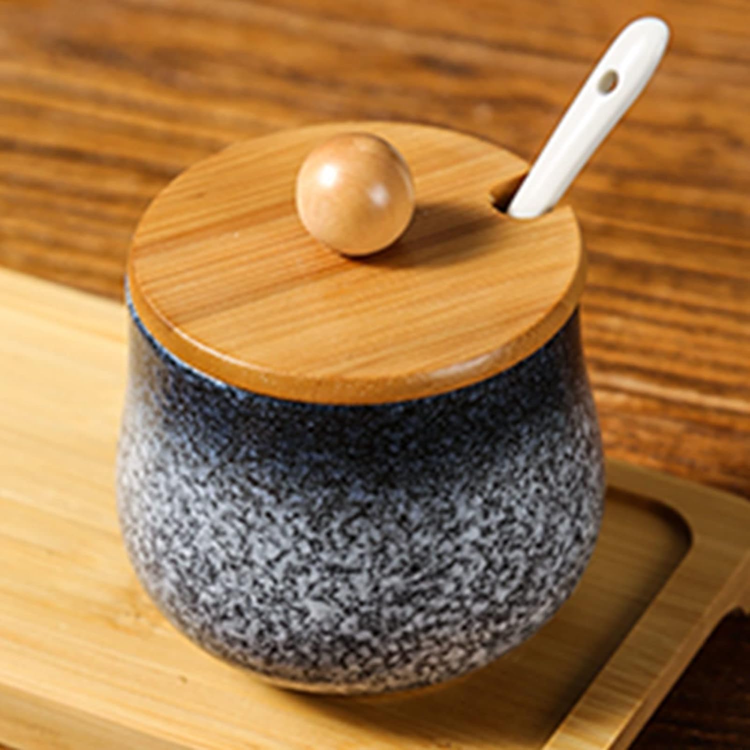 Sugar Bowl ,sugar pot, Sugar Bowl with Lid , Dark Blue Sugar Bowl with Lid and Spoon, European Style Starry Sky Sugar Pot, Sugar Container Spice Jar with Wooden Tray-blue-225ml (Color : Blue, Size : 2