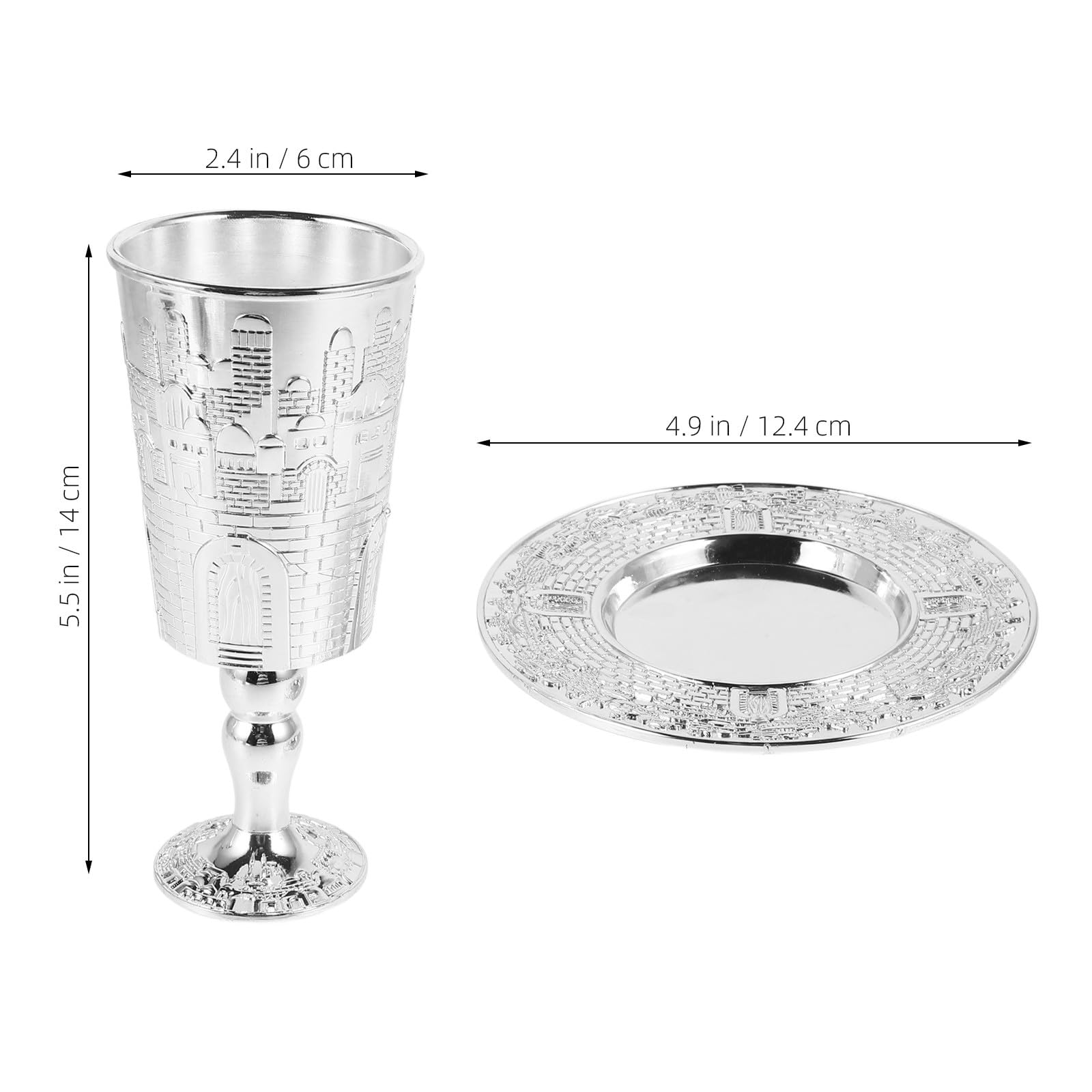 Set de Coupe en Alliage de Zinc Argenté Facile à Nettoyer avec Soucoupe Assortie Kiddouch Sainte Design Solide pour Shabbat et Fêtes Juives