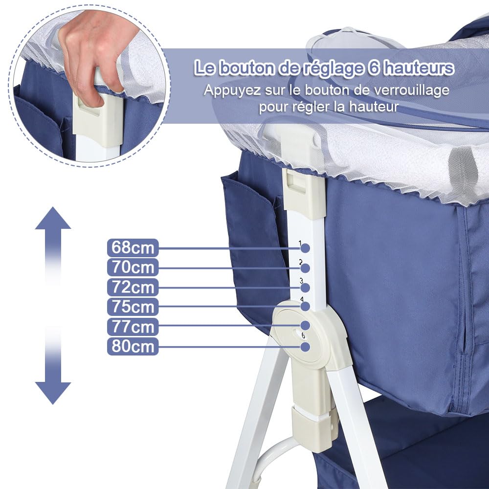 homewell 2 en 1 Lit Cododo Bebe Pliable, Berceau Cododo 0-30 Mois, 6 Réglages de Hauteur, Berceau bébé Mobile Lit d'Appoint, Grand Panier, Apportez UNE moustiquaire (Bleu Marine, 95 * 50*(98-110) cm)
