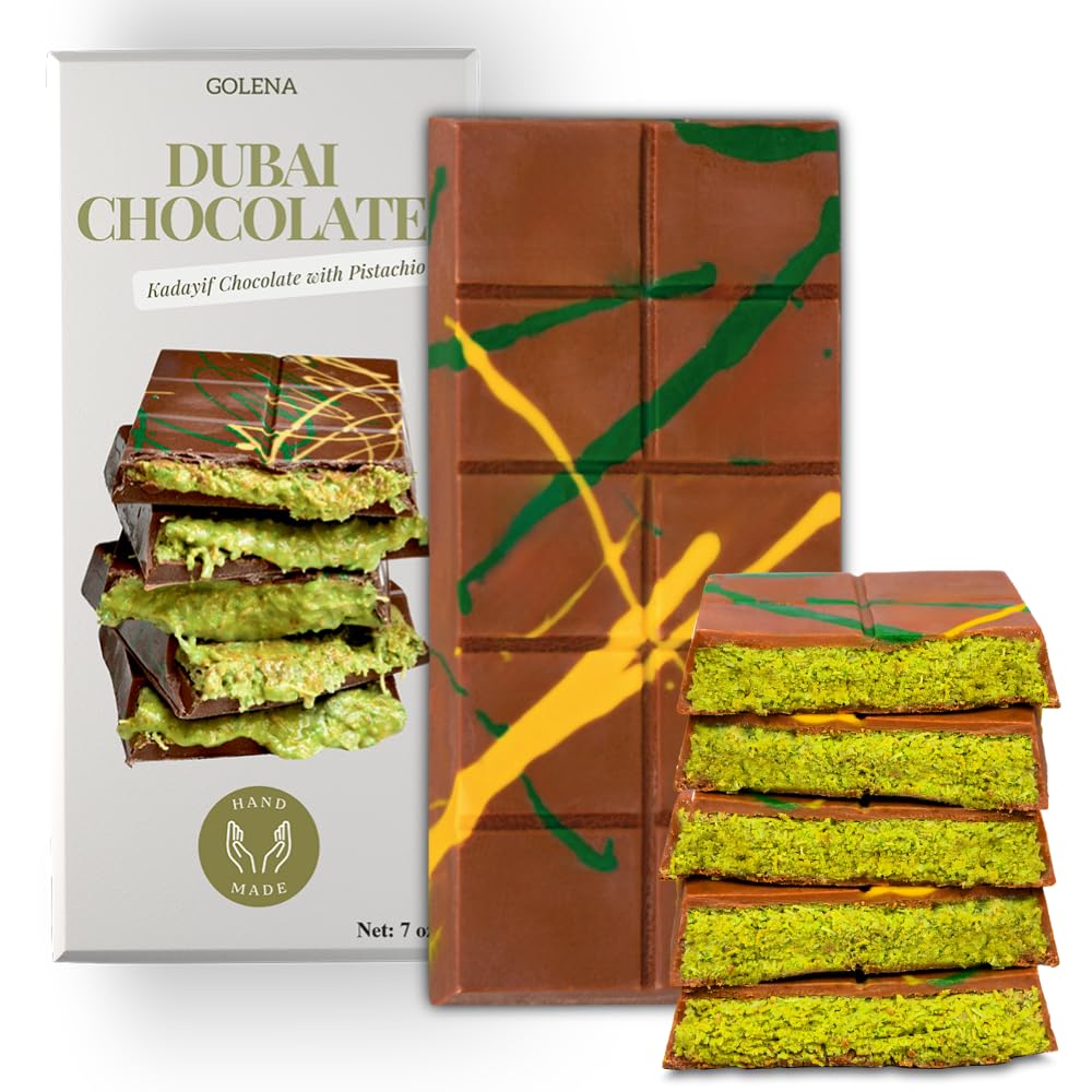 Dubai Chocolate Bar Pistachio 7 oz | Famous Dubai Kunafa Bar | Crispy Kunafe with Pistachio Paste | Gourmet Dessert Gift | Ideal Gift for All Occasions | Luxurious Kunafa