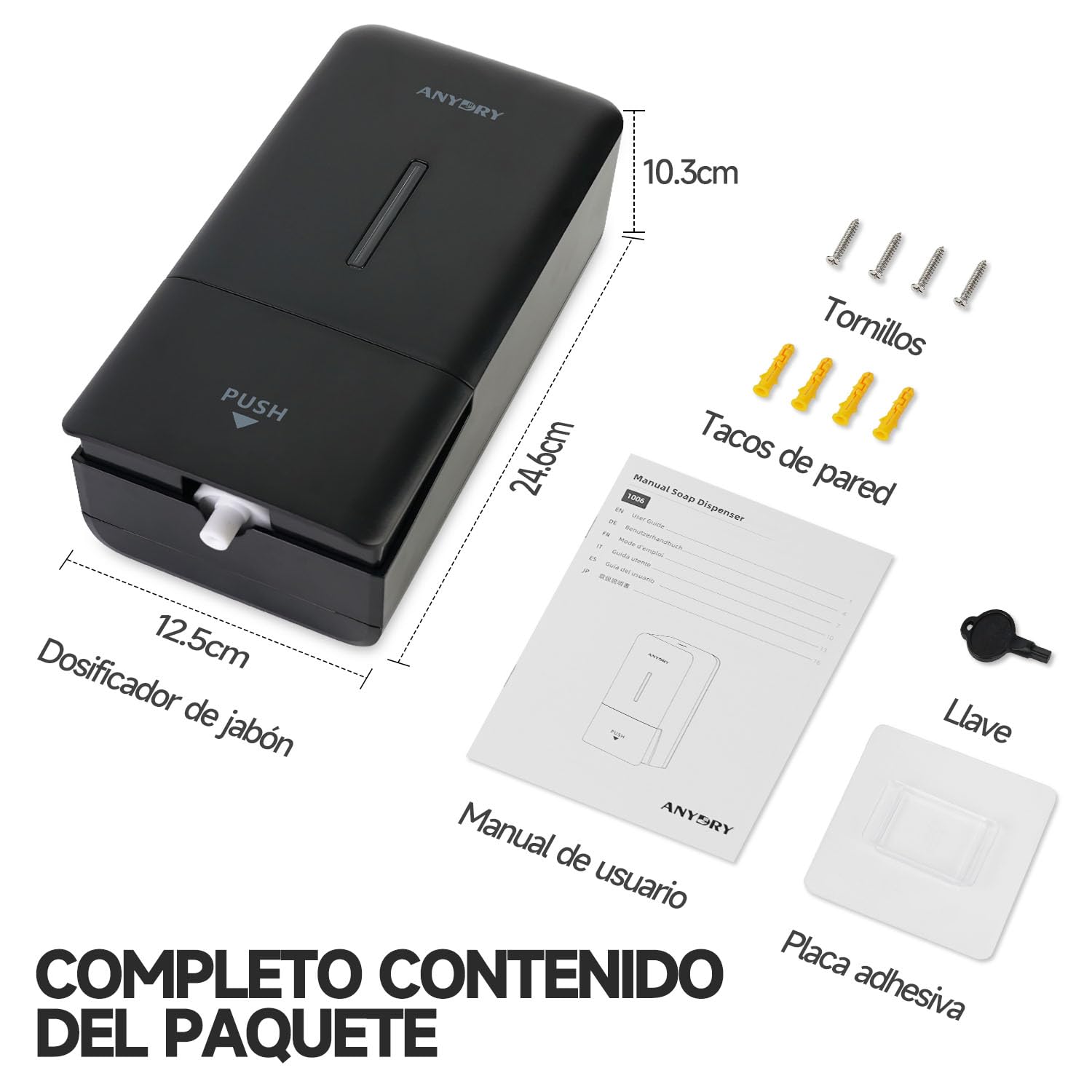 anydry Dispensador de jabón Mural Manual a presión, Capacidad de 800 ml con Ventana Visual, reemplazo Sencillo del jabón, Ideal para hogares y Negocios 1006 Negro