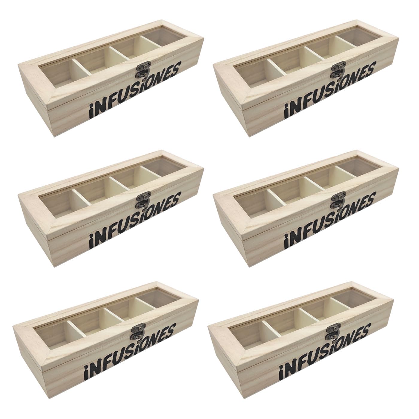 Acan Tradineur - Pack de 6 cajas de madera natural Infusiones con tapa de cristal, 4 compartimentos, decoración, almacenamiento, té, manzanilla, manualidades, regalo - 25 x 9 x 5 cm