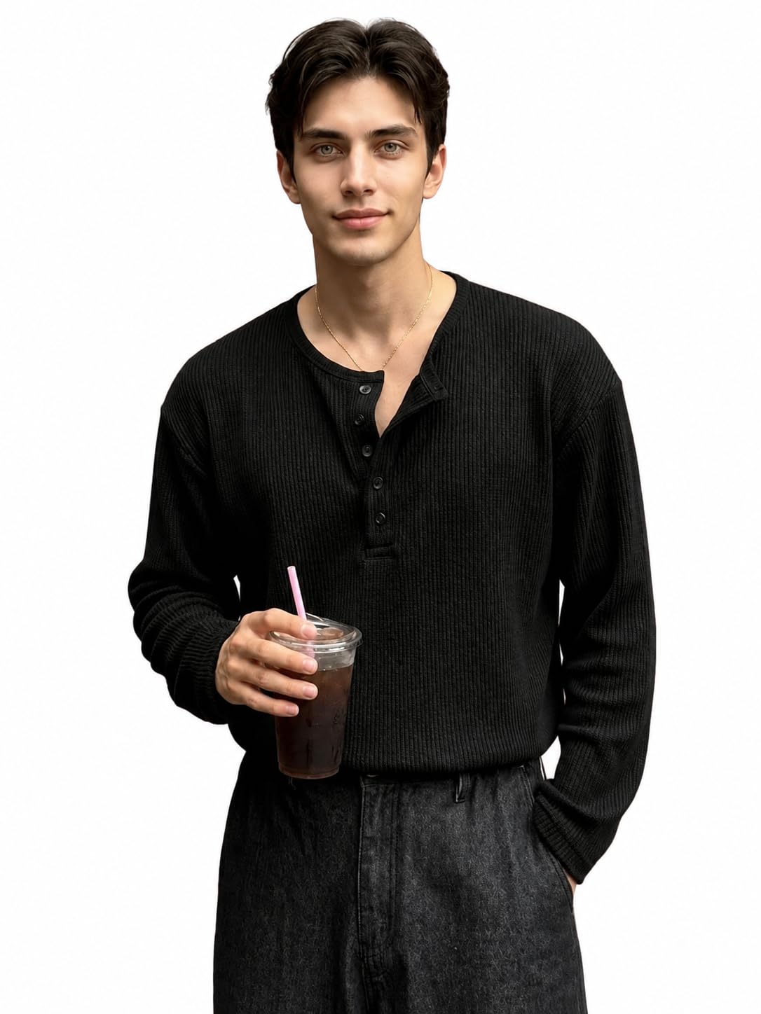 Men's Textured Fabric Solid Half-Open Collar T-Shirt-picture-43