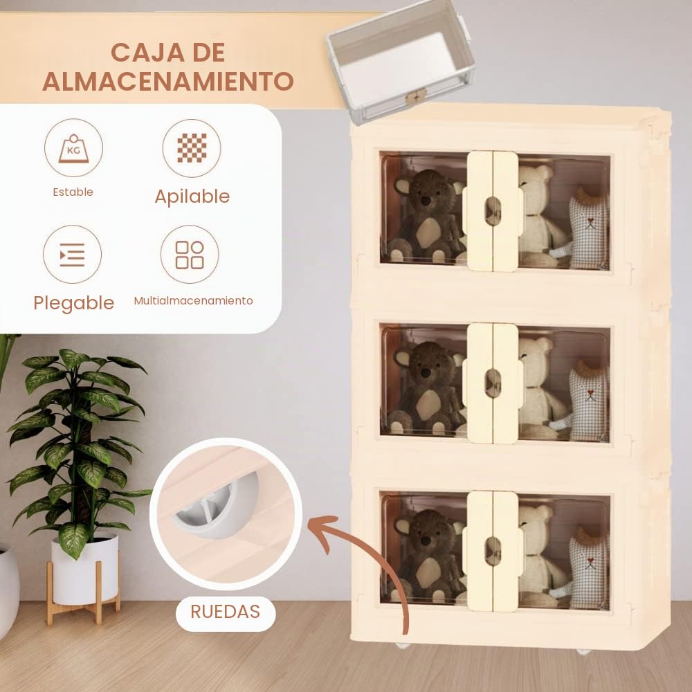 Pack 3 Caja de Almacenamiento Plegable, Contenedor de plástico con Ruedas, Cubo Apilable con Puertas, Organizador para Hogar con Puertas y Tapadera para Habitación, Baño, Cocina, Oficina, Salón