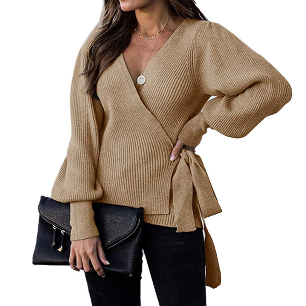 Women Wrap V-Neck Sweater Sleeve Ribbed Knit Belted Jumper Tops