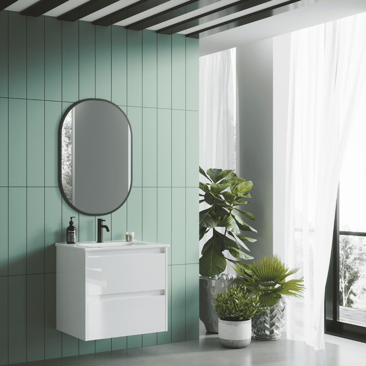 Mueble de Baño Suspendido Fondo Reducido con Lavabo Cerámico| Mueble Volado 2 Cajones | 50 cm Blanco Brillo