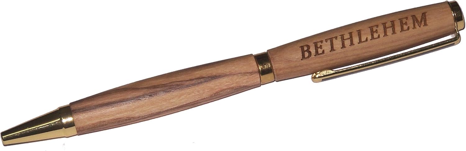 Holy Land Market Handmade ballpoint pen handcrafted from Bethlehem Olive wood engraved with Bethlehem - sleek design