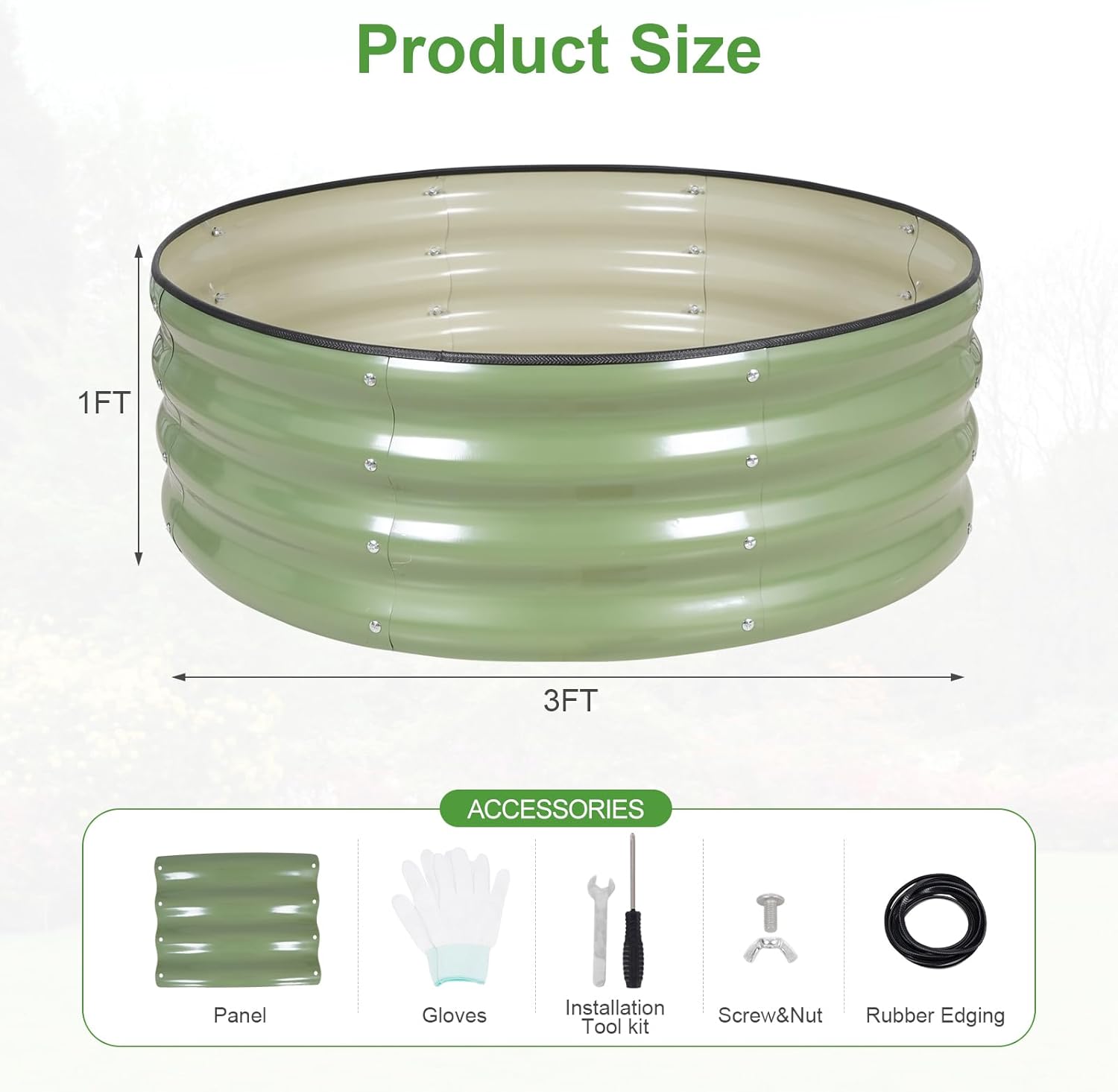 Galvanized Raised Garden Bed- 2Pcs 3x3x1FT Metal Planter Boxes Outdoor | Round Steel Raised Bed Kit & Fire Pit Ring for Gardening with Protective Tape, Gloves for Vegetables, Flower (Green)