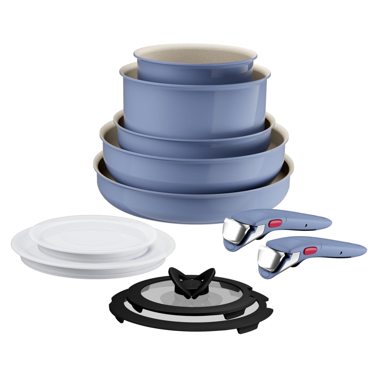 Lagostina Ingenio Pastel, Set di Padelle Antiaderenti 11 Pezzi con Manico Rimovibile, Compatibili con Induzione e Forno, Design Salvaspazio, Colore Nettuno