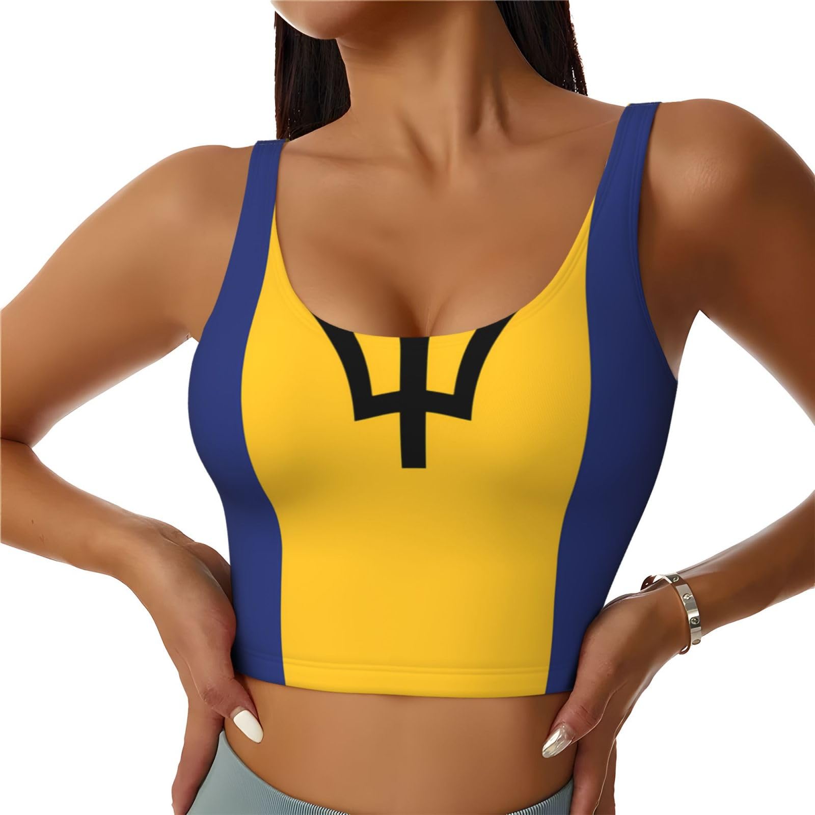 Poezjzw Women's Black Flag Of Barbados Sexy Sports Vest Sleeveless Athletic Gym T-Shirts Vest U-Shaped Back Quick Dry Top L