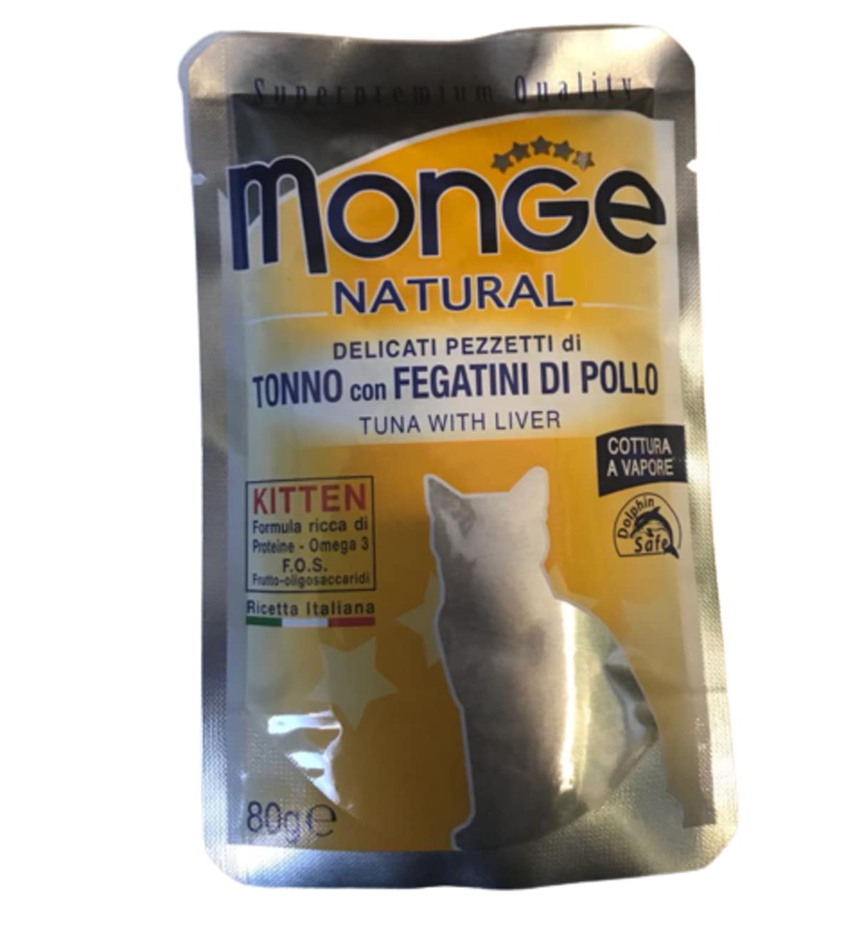 Monge Natural Supremium quality Mokre jedzenie dla dorosłych kotów smak Tuńczyk z Wątróbki z kurczaka gotowane na parze. Opakowanie 24 saszetek (1 saszetka = 80 gr.) Bez barwników i konserwantów
