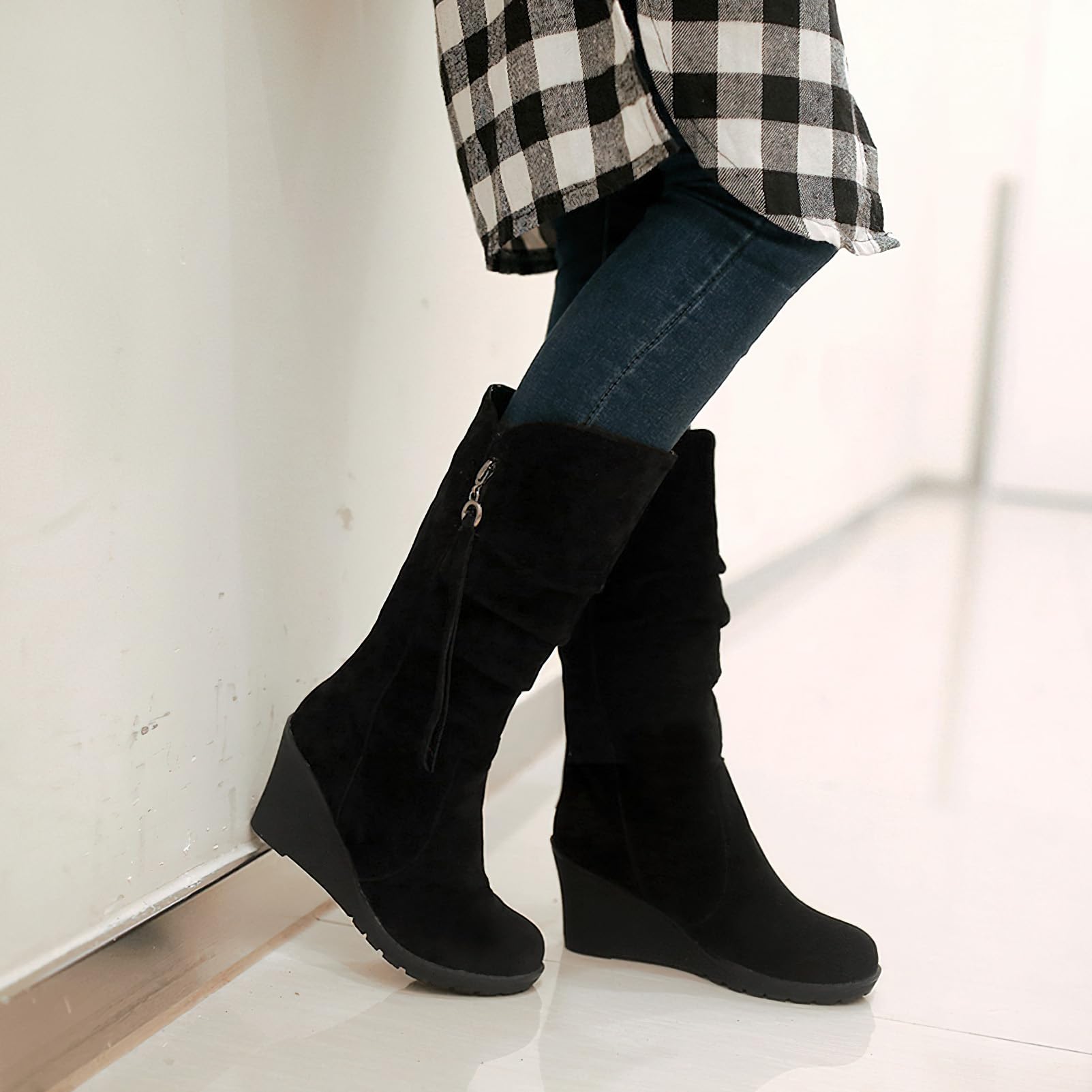 rismart Stivali Western Donna Polpaccio Medio Tacco a Zeppa Foderato con pelliccia sottile Camoscio Scarpe Invernali